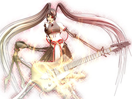 vocaloid - red eyes, guitar, mikun hatsune, long hair, dress