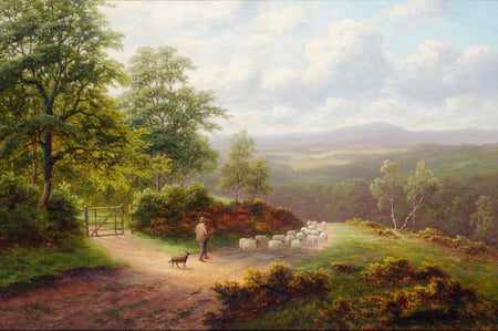 The  Shepherd - clouds, trees, gate, hills, road, dog, man, sheep, sky