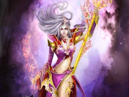 Wizard Staff - pretty, wizard staff, magic, female, warrior, original, light, white hair, armor, big breasts, fire, anime girl, wizard, hot, staff, beauty, cool, sexy