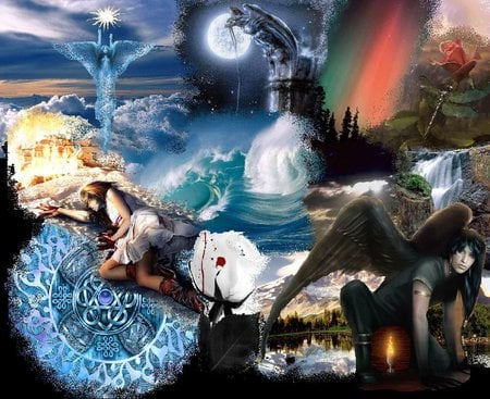 FANTASY LAND OF THE ANGELS - moon, sky, roses, light, water, fantasy, dark, angels, land