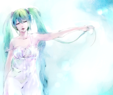 miku - hatsune miku, water volour, pretty, pale, twin tails, white dress, closed eyes