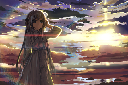 the horizon - clouds, pretty, horizon, sun rise, anime, beautiful, dress, girl, wind, sun light