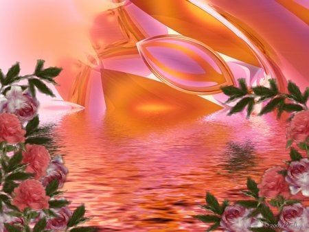 Pink Shine on Lake - lake, abstract, reflection, pink, water, flowers, shine