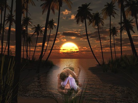 ROMANCE SUNSET - sky, palm trees, ocean, reflection, clouds, romance, sunset