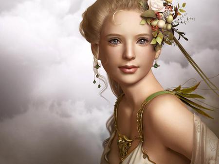 Forest-Queen - women, clouds, anime, queen, girl, eyes, flower, hair, fantasy