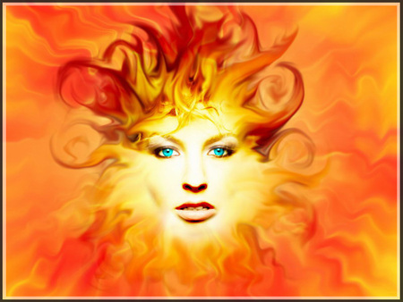 Summer Sun - sunshine, flames, girl, sun, young forever, summer, deep eyes, abstract, yellow, red, beautiful, fireworks