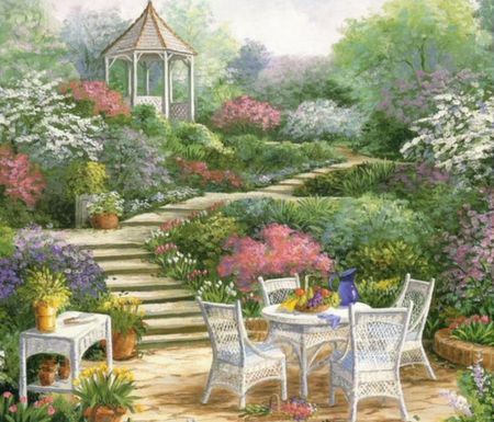 Garden  Gazebo - trees, table, steps, flowers, chairs, gazebo, garden