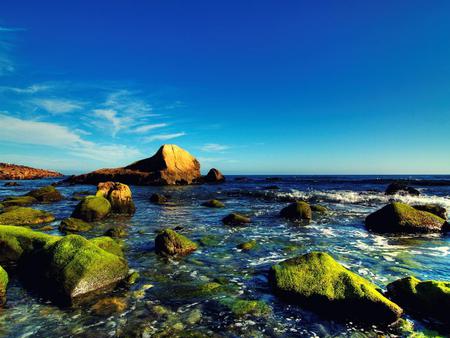 Rocky-shore - nature, sky, beach, clouds, blue, rock