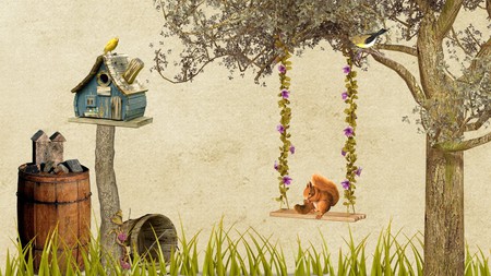 Godlfinch and a Squirrel - bird, grass, firefox persona, tree, natural, bird house, barrel, bucket, field, squirrel