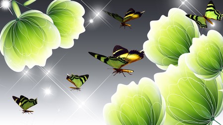 Magic of Green - stars, magical, fantasy, sparkle, silver, green, flowers, firefox persona, butterflies