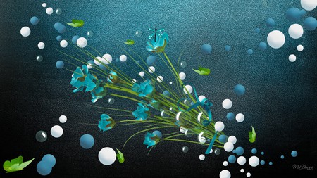 Aqua on Aqua - cyan, aqua, flowers, abstract, circles, collage, dragonfly, leaves