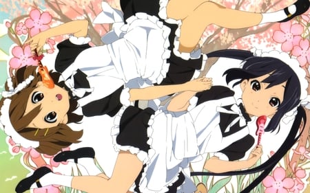 Nakano Azusa and Hirasawa Yui - pretty, brown hair, long hair, females, k-on, nakano azusa, flowers, short hair, maids, holding hands, 2 girls, black hair, cute, sexy, hirasawa yui