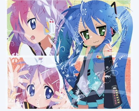 Lucky Star Vocaloids - hiiragi kagami, hatsune miku, hiiragi tsukasa, skirt, parody, kagamine rin, purple hair, izumi konata, blue hair, green eyes, microphone, twin tails, vocaloid, tie, kagamine len