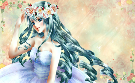 Pretty Girl - long hair, beautiful, flowers, anime, hair, girl, dress