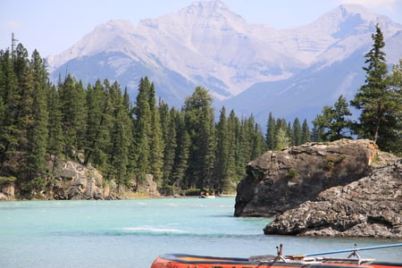 Mountains & Rivers of Banff Alberta National Park 9 - trees, photography, mountains, rocks, nature, green, canoe, rivers, boat