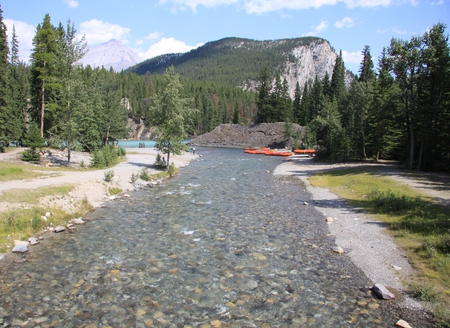 Mountains & Rivers in Banff Alberta National Park 14 - trees, blue, rivers, photography, boat, nature, red, green, mountains, sky, canoe