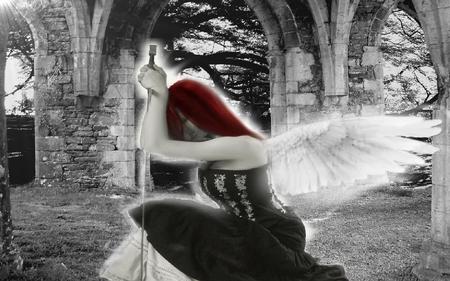 Fallen Angel - sword, black and white, angel, red