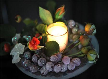 Ready for the Table - glow, roses, plate, candle, frosted grapes, light, still life