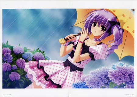 Anime Cute Girl - animated, female, purple hair, anime girl, anime cute girl, purple flower garden, ebino hamayu, worried, anime, pink dress, yellow umbrella