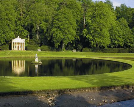 Statue in Pond - trees, water, landscape, grass, forest, statue, sky