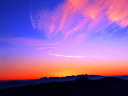 Setting Sun - sky, hills, red, sun, blue, sunset