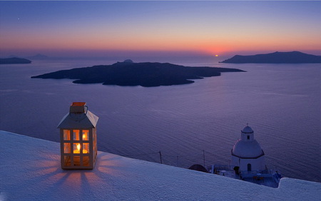 Lonely lantern - ice, sunset, pink sky, cold, snow, frost, light, lantern