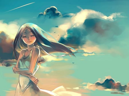 Anime girl - cloud, girl, anime, sky