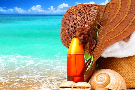 Summer Time - relax, pretty, sunny, summer, romantic, romance, sand, holiday, slonce, exotic, paradise, hot, seashells, beauty, colors, lato, tropical, nature, muszle, blue, beach, towel, bag, shell, shore, view, emerald, creme, plaza, sky, sun, clouds, hat, beautiful, sea, lovely, ocean, rest, tropics, colorful, shells, waves, purse, sands, peaceful