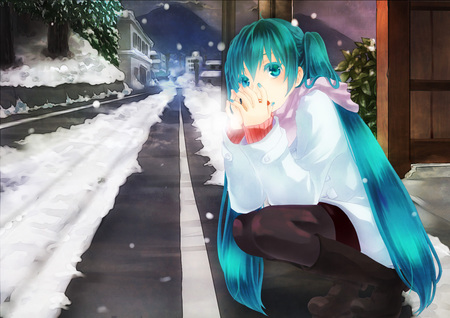 hatsune miku - waiting, blowing on hands, trees, anime, vocaloid, road, snow, girl, hatsune miku, aqua hair, blue eyes