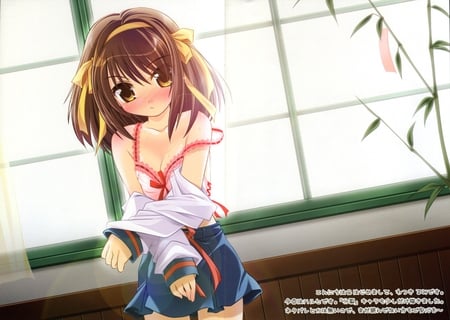 suzumiya haruhi - anime, bruntte, window, girl, light, plant, short hair, deep blush, school girl, ribbons