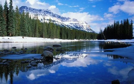 Winter Reflections - trees, winter, water, snow, mountains