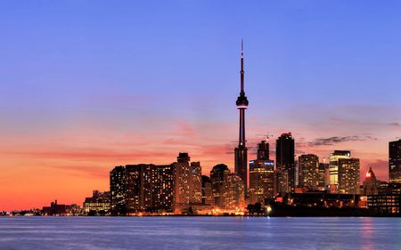 Red Skies Over Toronto - cn tower, nightfall, blue, red, lake, dusk, city, sky