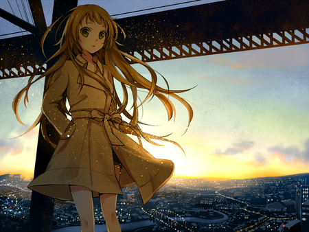 city bridge - sky, girl, wind, pretty, cold, clouds, beautiful, city, anime, coat, bridge, sunrise, blonde