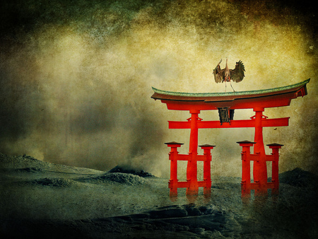 Serenity - ocean, collage, temple gate, texture, bird