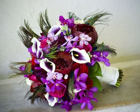 Bouquet - beauty, nice, roses, photography, bride, bouquet, rose, peonies, pretty, cool, peony, calla, harmony, wedding, peacock feathers, gentle, lovely, beautiful, flowers, photo, elegantly, flower