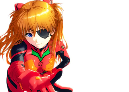 anime - eeys patch, girl, ginder hair, blue eyes, tagme, twin tails, smirl, anime, red suit, pointing