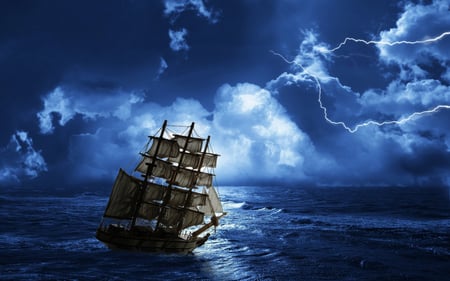 Stormy Seas - ocean, sky, sailing, weather, storm, waves, ship, dark, clouds, blue, beautiful, sailboat, lightning, hdr, sea