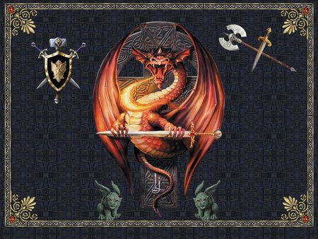 Gothic Dragon - tappastry, emblem, dragon, sword, dagger, ax, shield