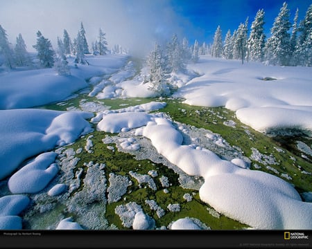 Melting Snow - ice, mountain, winter, foggy, white, nature, cold, snow, green, grass