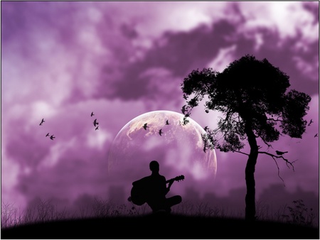 purple serenade  - guitar, sernade, silhouette, moon, sunset, sun, shadow, purple-serenade-