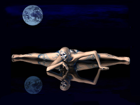 Space Ballet - women, abstract, moon, reflections, tatoos, space, cg, planets, 3d, ballet, dance