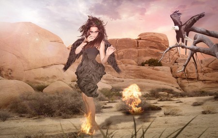 fire angel - abstract, bird, female, desert, she, dress, girl, beauty, angel, fantasy, eagle, fire, woman, wings, face