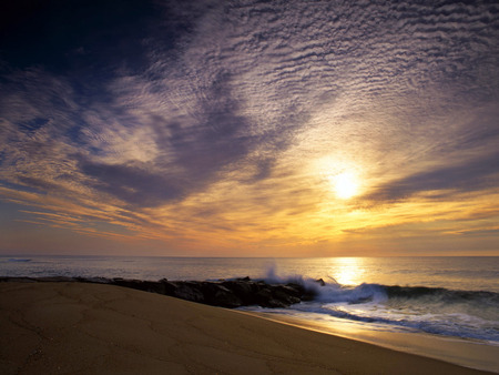 Sunset - sand, sky, wave, clouds, sunset, ocean, nature