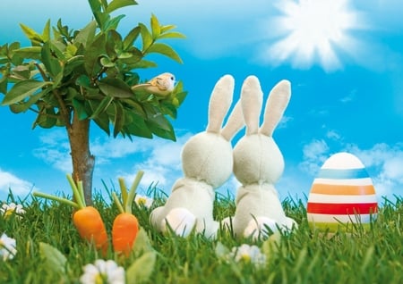 Easter Bunnies - eggs, easter, carrots, bunnies, egg, bunies, sun, sky