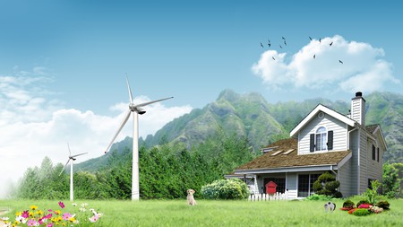 Eco Home - windmills, sky, power, home, flowers, house, ecology, dog