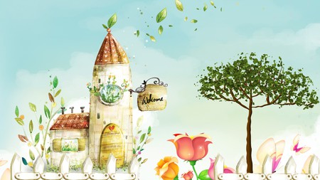 Welcome Home - sky, fence, fantasy, home, fairy tale, leaves, house, tree, flowers, firefox persona