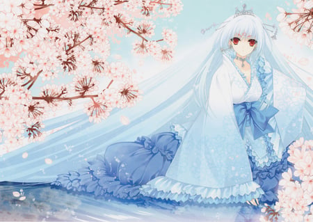 Sakura Princess - beauty, suzuhira hiro, sexy, hot, long hair, crown, anime girl, red eyes, blue hair, beautiful, sakura petals, flowers, cute, dress