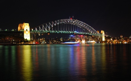 Sydney Harbour Bridge - harbour, night, reflections, calm, beautiful, city, architecture, waters, bridges, lights