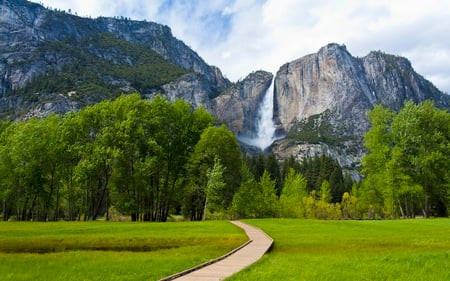 Yosemite in Spring - grandiose, forest, mountains, path, meadow, foot, beautiful, waterfall, picturesque, national, blue, clouds, springtime, nature, skies, park