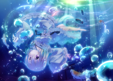 Saigyouji Yuyuko - pretty, dress, purple eyes, stunning, animal, touhou, hat, anime girl, water, beautiful, hot, beauty, underwater, bubbles, cute, sexy, fish